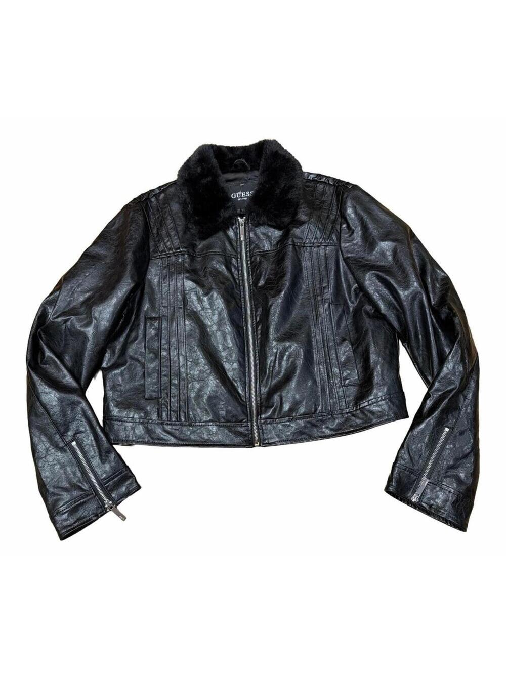 Guess faux leather biker jacket Black NWT moto faux fur Womens XL IndieSleaze